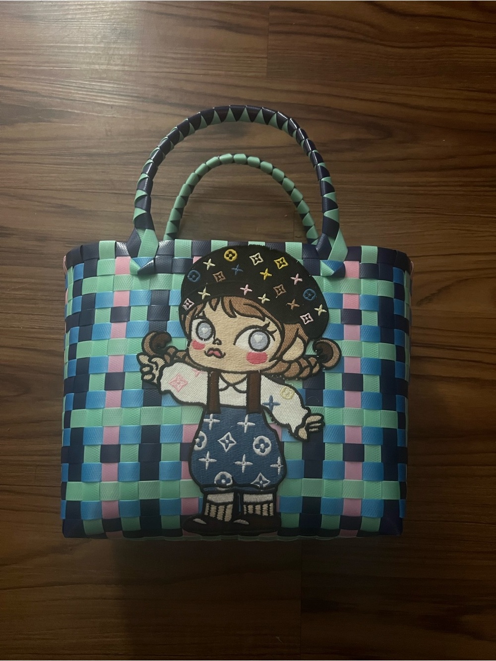 Multicolor Woven Tote Bag with Cartoon Patch - Blue/Green/Pink